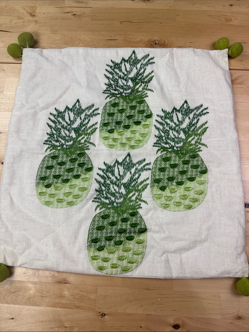 Pineapple Embroidered Pillow Cover Green Pom Pom Trim Tropical Coastal